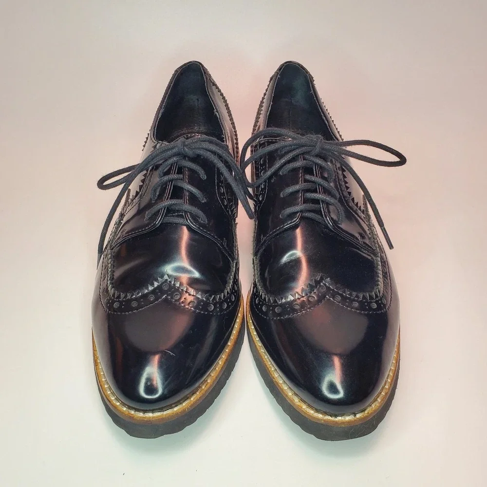 Steven by Steve Madden Steffan Black Patent Wingtip Oxford Platform Shoes‎ 8.5M